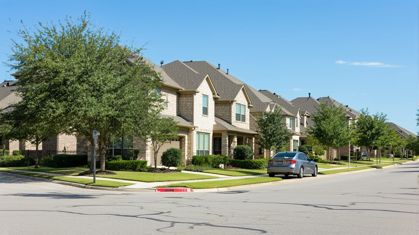 A sunny residential street corner in Flower Mound, Texas with traditional homes and an older car parked on the curb.