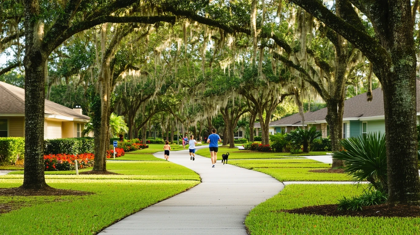 A sidewalk winds through a tree-lined Pembroke Pines neighborhood, with lawns and rooftops visible.