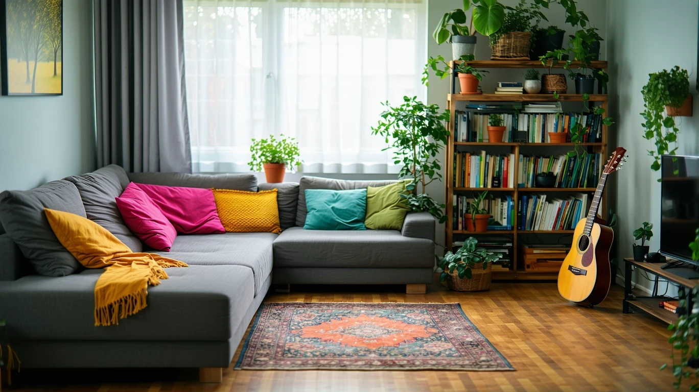 Sunlight illuminates a small, warmly decorated apartment living room with a couch, bookshelf, guitar, and houseplants.