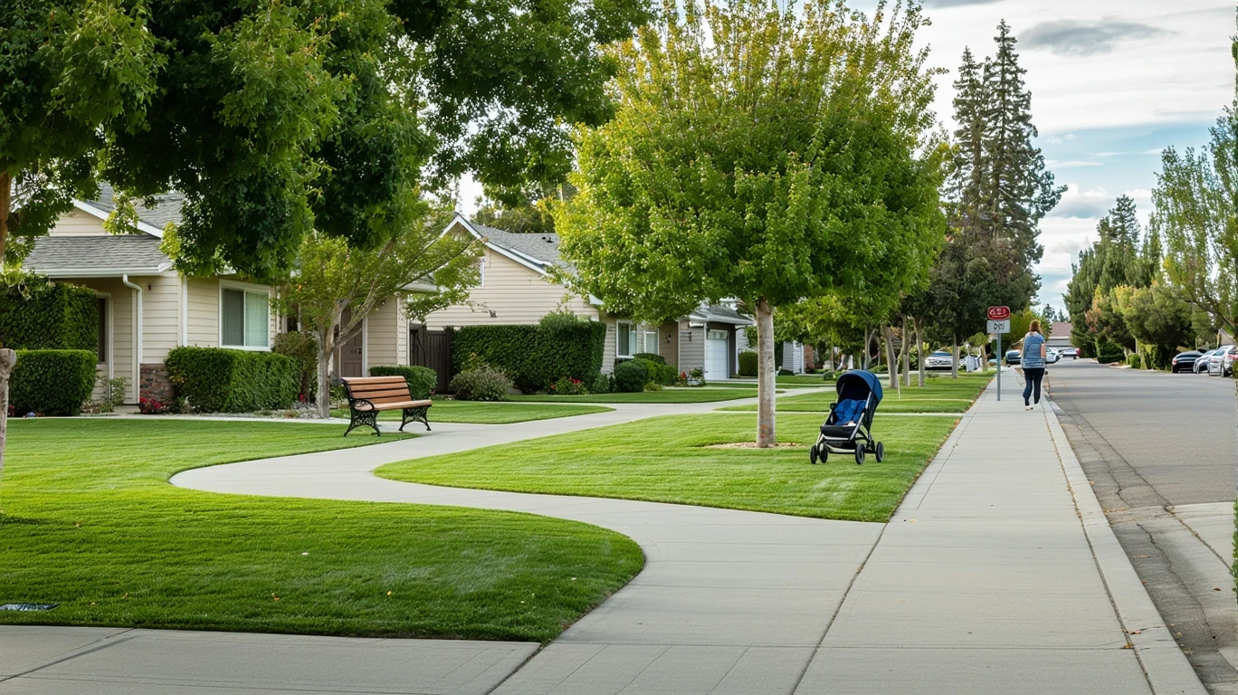 Neighborhood park in Santa Ana with walking path, bench, and trimmed hedges, viewed from across residential street.