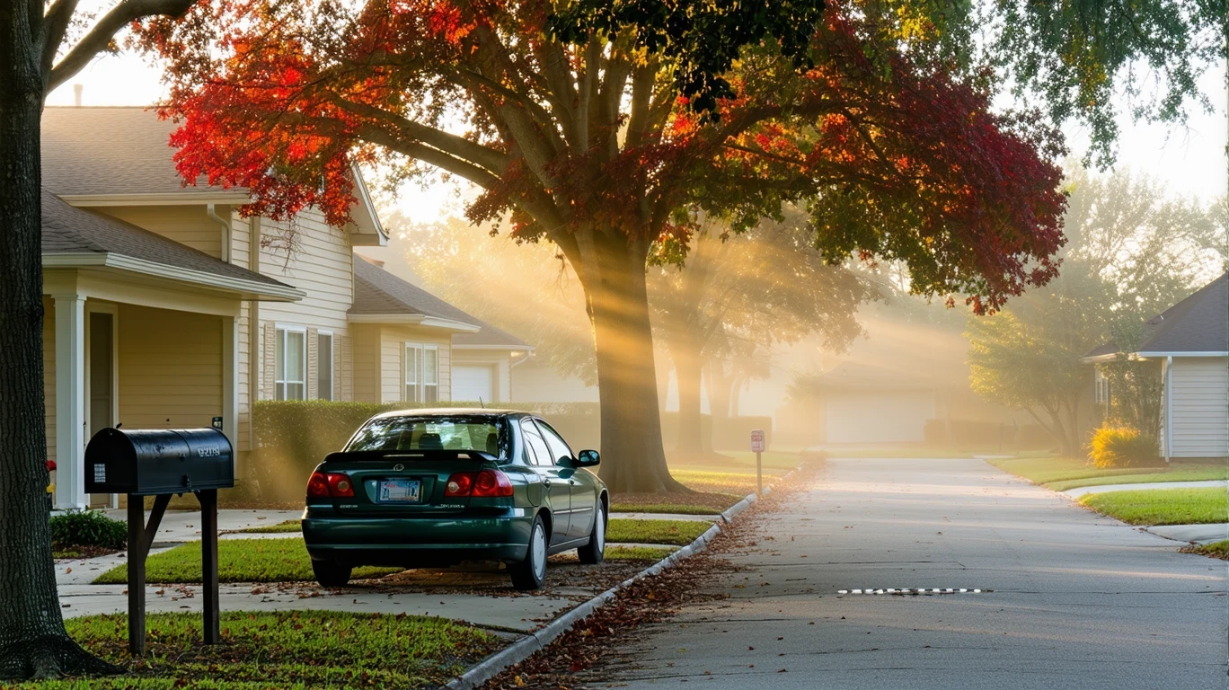 Misty morning street in Friendswood, Texas with mailboxes, parked car, and colorful maple tree.