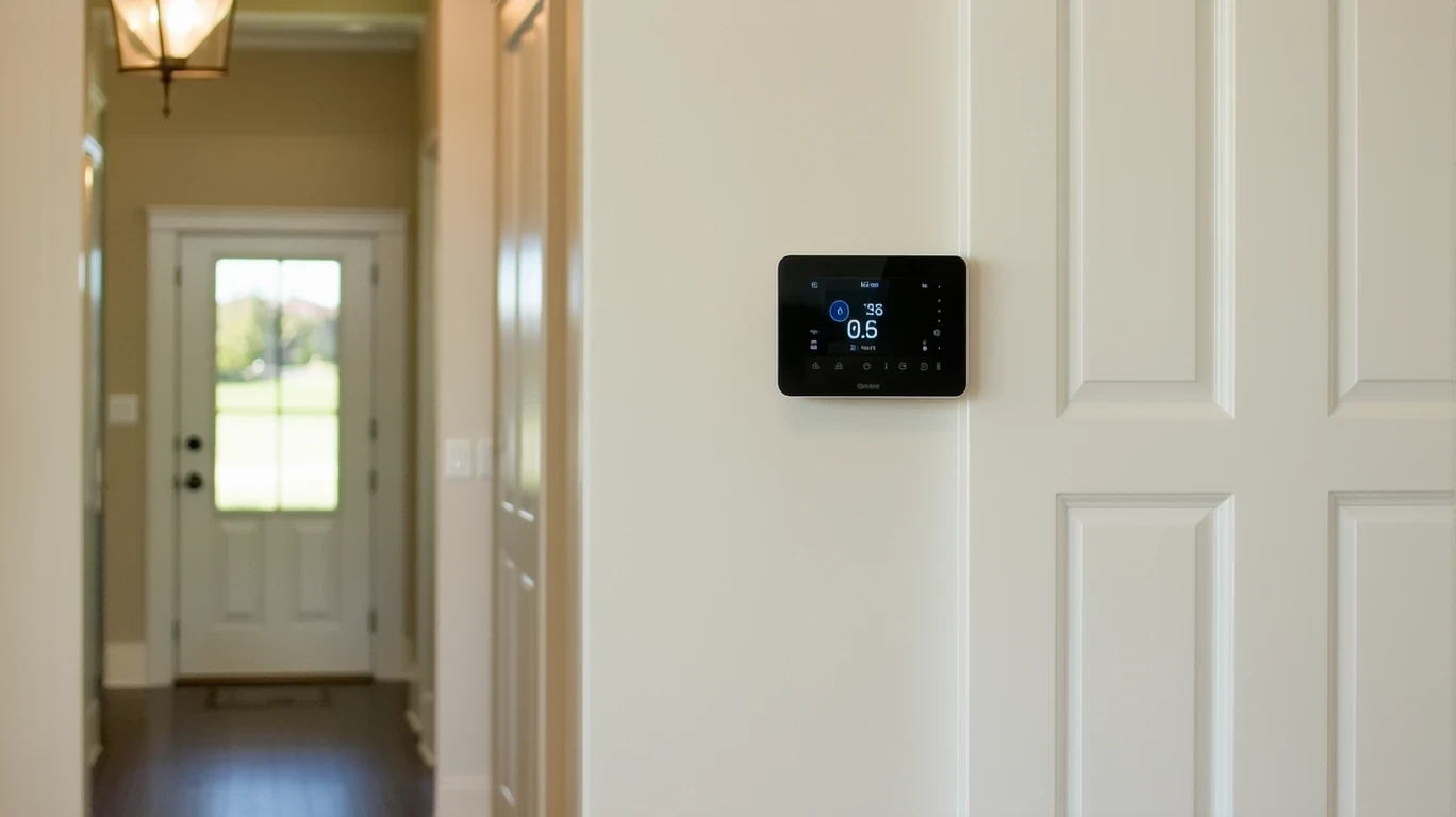 A sunlit home hallway with a digital thermostat on the wall, conveying everyday energy use.