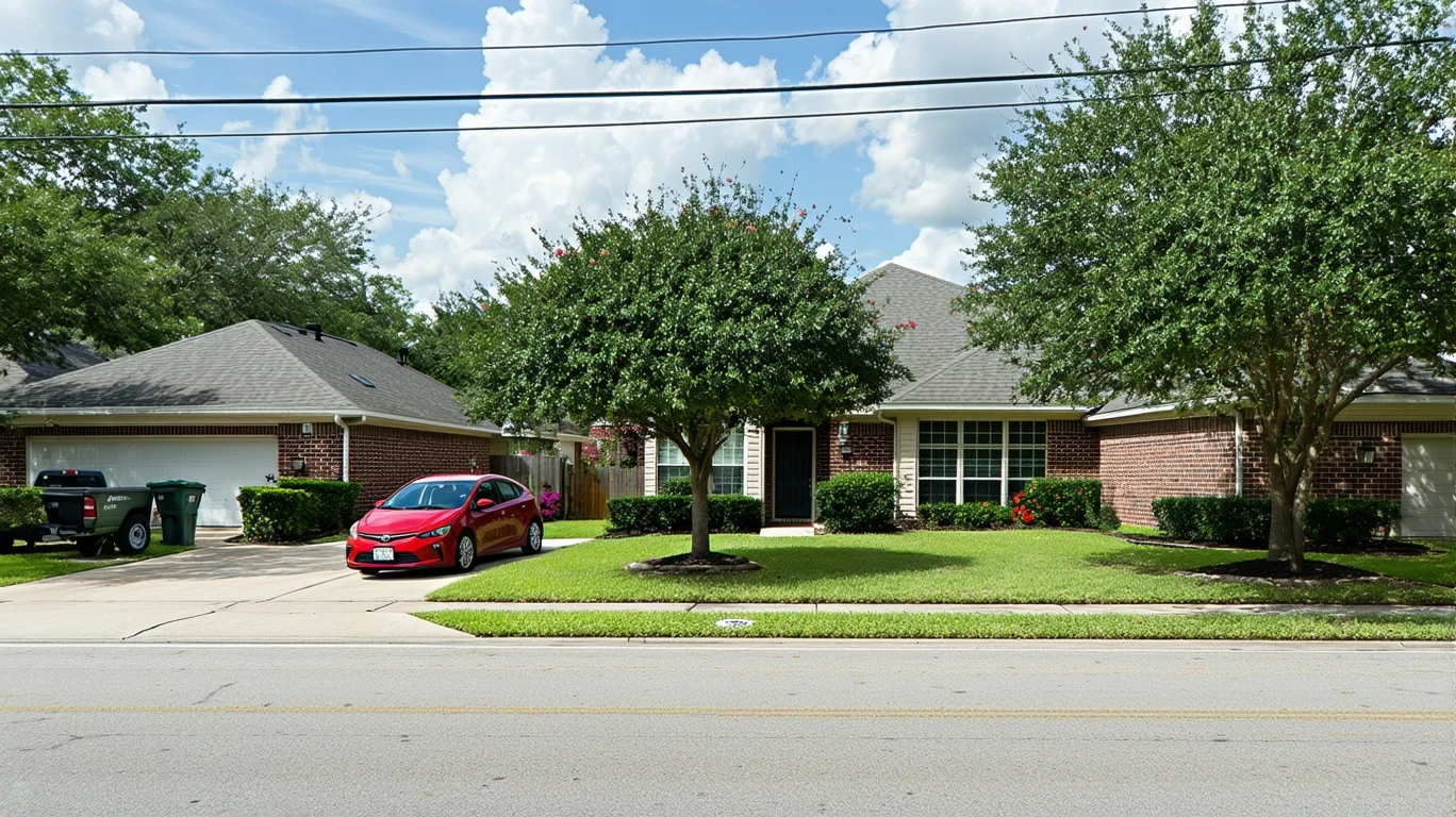 A residential street corner in Friendswood, Texas with modest homes, patchy lawns, and a parked older red car.