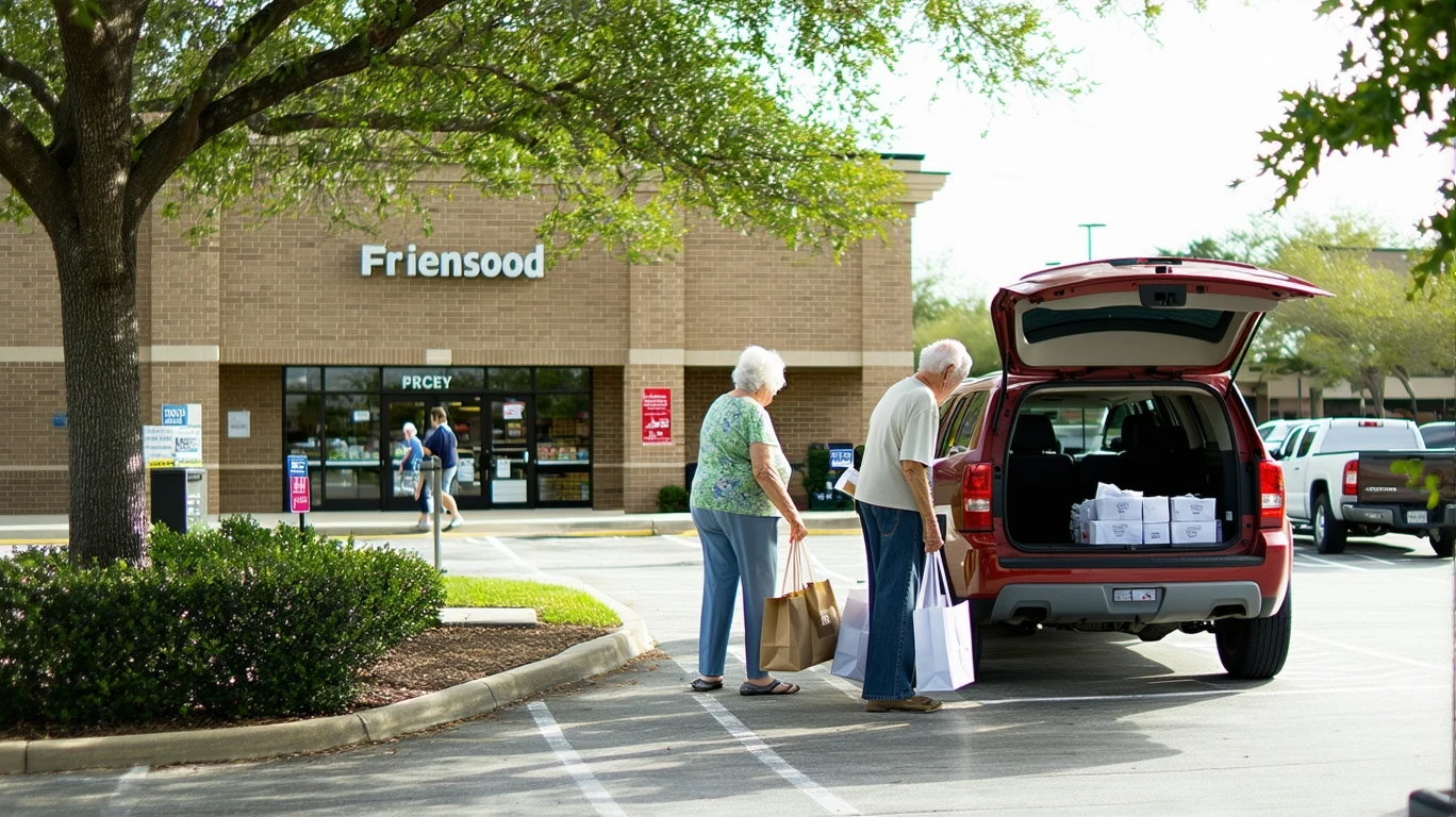 An older couple reviewing their grocery receipt beside a car trunk filled with shopping bags outside a store in Friendswood, Texas.