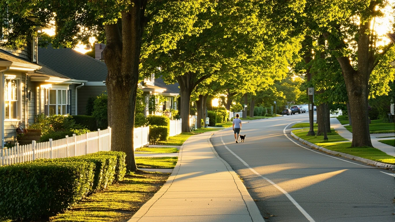 A tree-lined suburban sidewalk curving past tidy homes on a sunny day.
