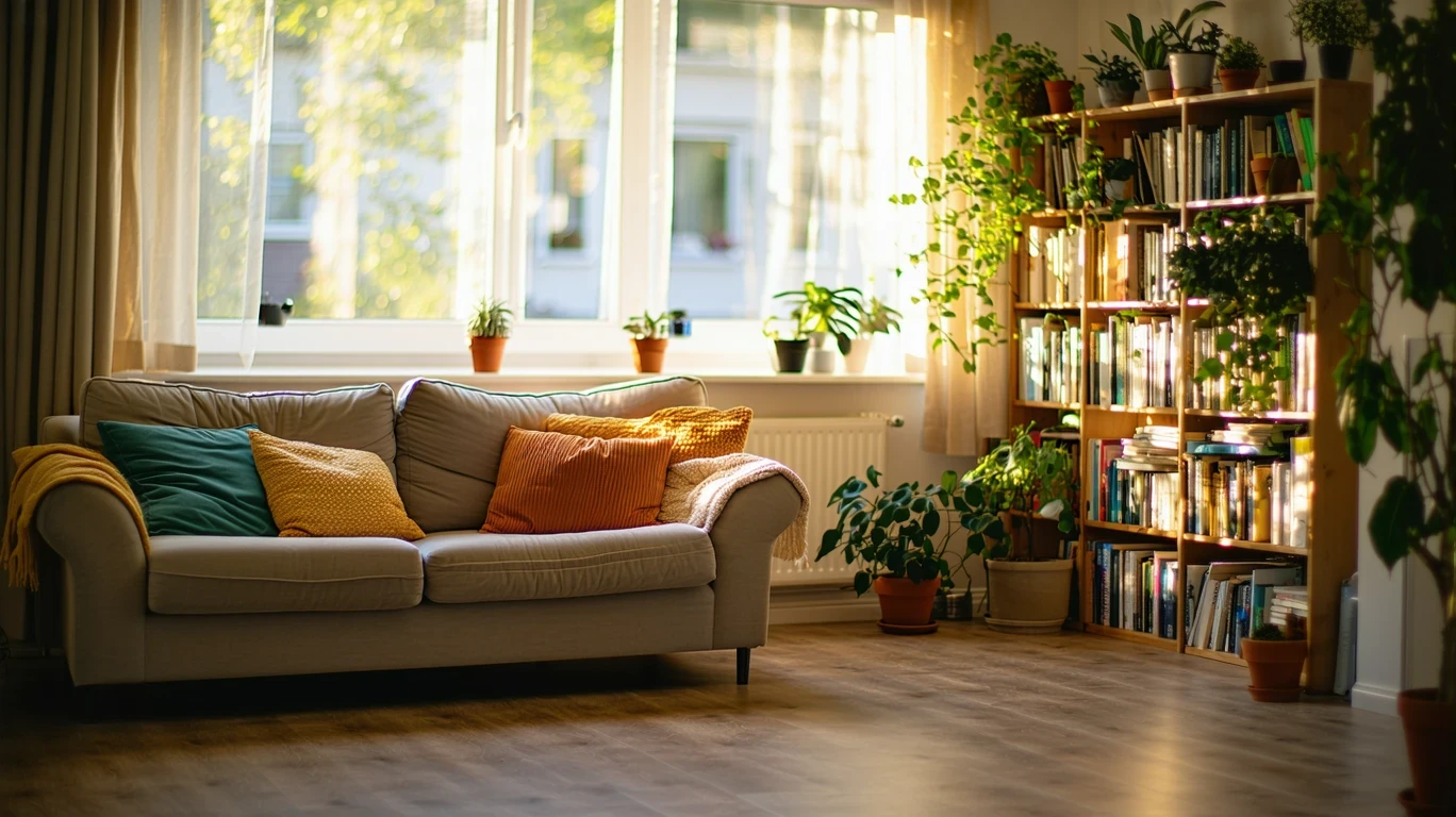 A small living room with a couch, bookshelf, and sheer curtains filtering warm afternoon light.