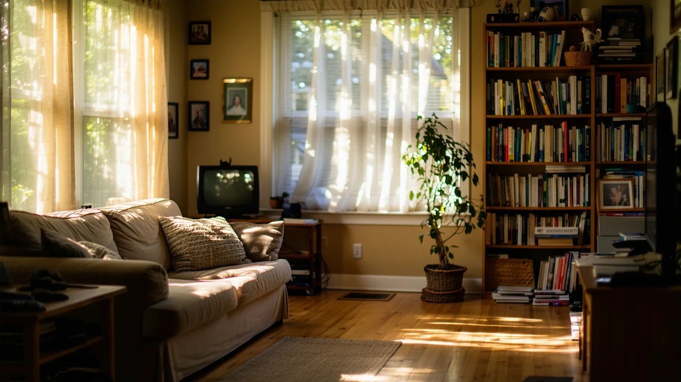 Sunlight filters into a cozy Durham living room with a couch, bookshelf, and personal decor touches.