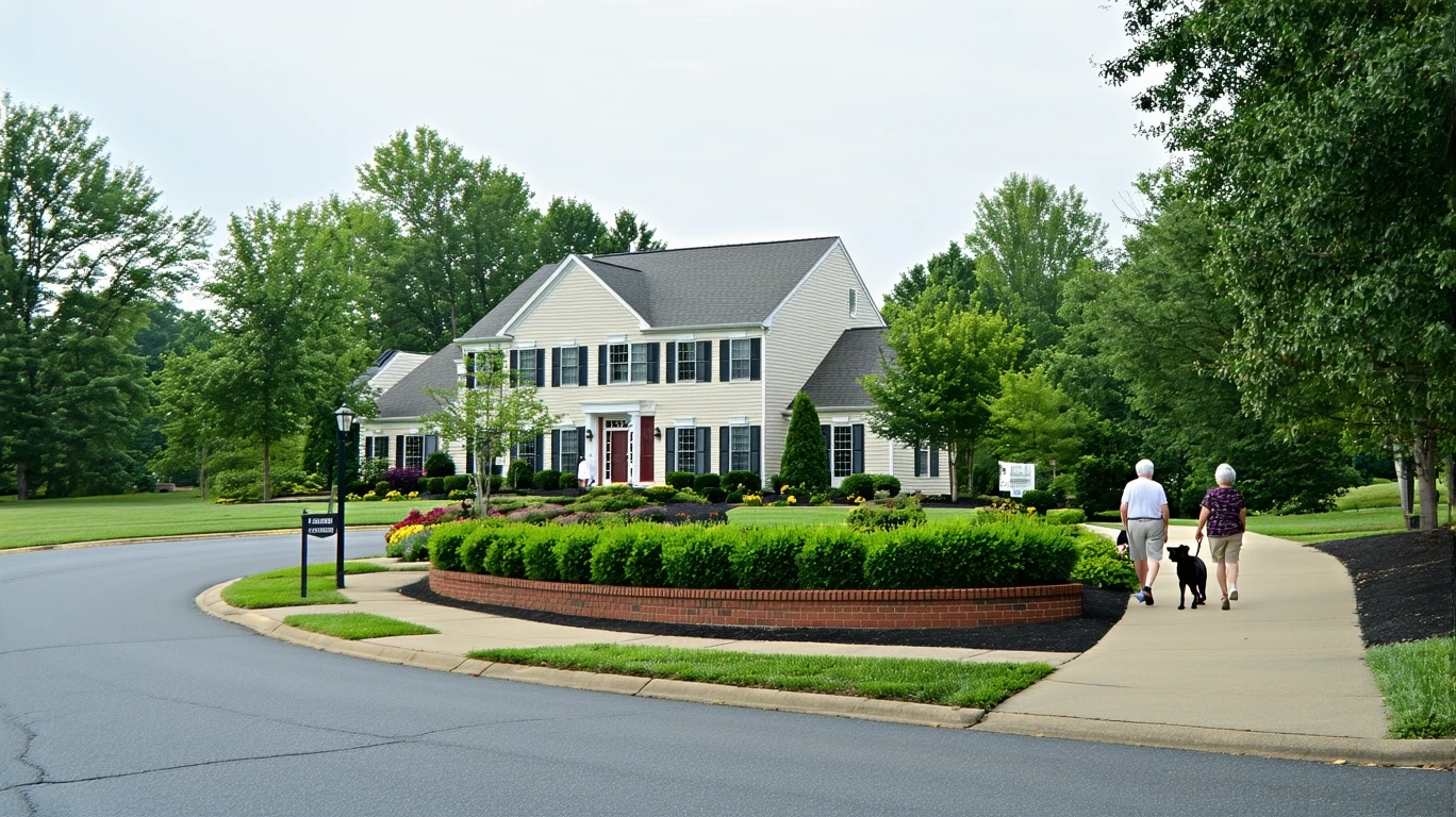 Cul-de-sac entrance in a Cary neighborhood with a low brick wall, shrubs, and two-story homes in morning light, a couple walking a dog.