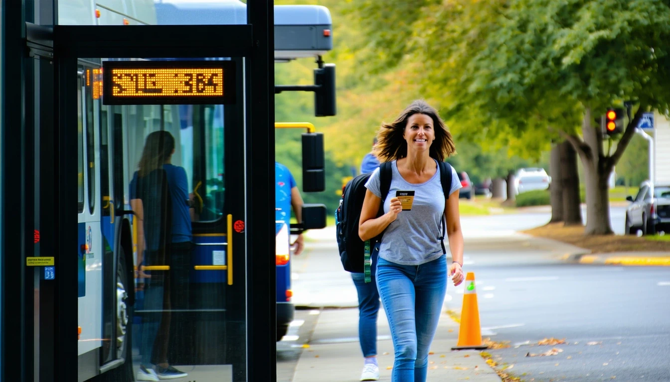 A woman boards a regional shuttle bus at a suburban stop, transit card in hand.