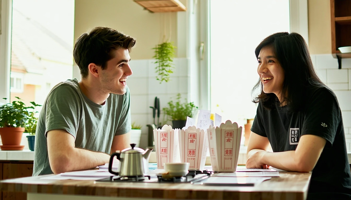 Two young adult roommates reviewing receipts and budgeting over Chinese takeout in their apartment kitchen.