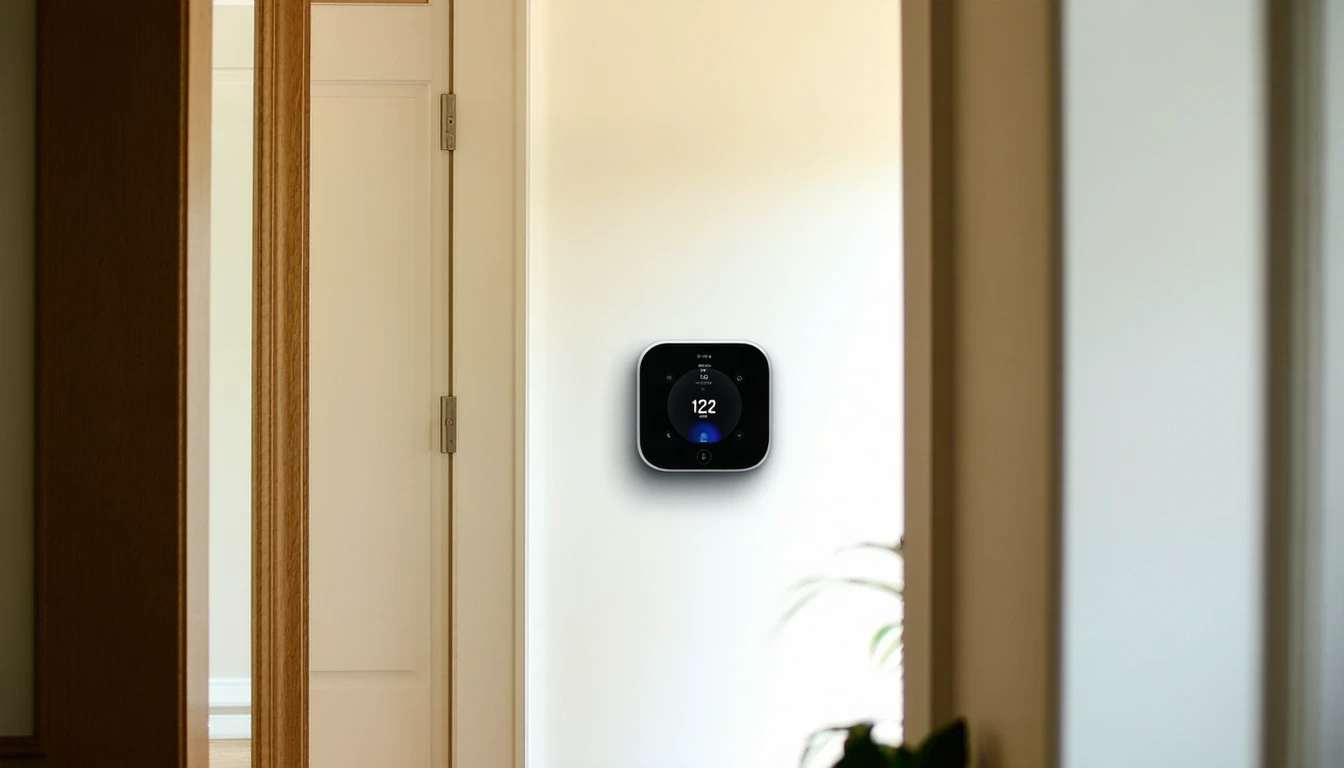 A smart thermostat mounted on the wall in a sunlit hallway of a Gaithersburg home.