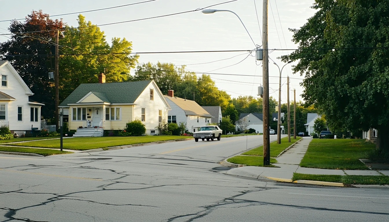 A suburban residential street corner with older homes, a parked car, and overhead utility lines.