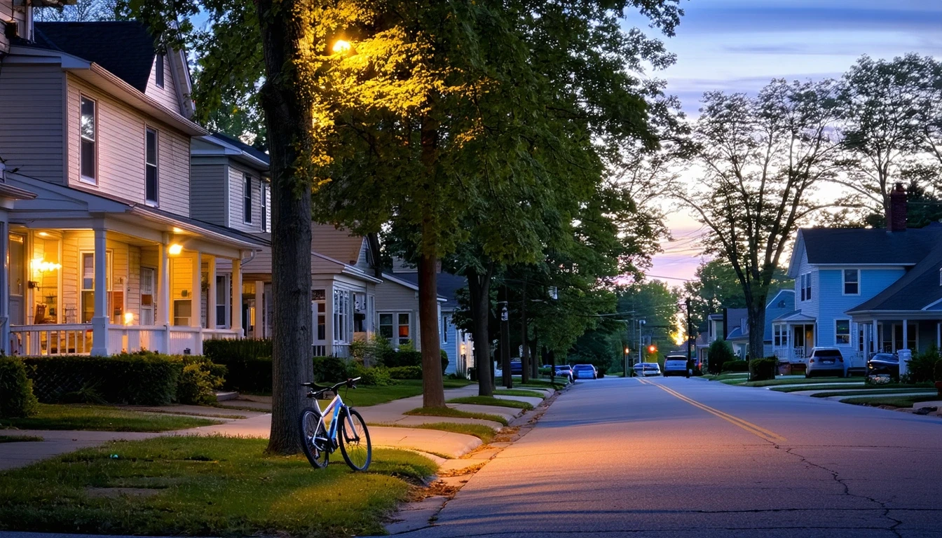 A quiet cul-de-sac in Gaithersburg, MD at dusk, with porch lights turning on and a child's bicycle near the curb.