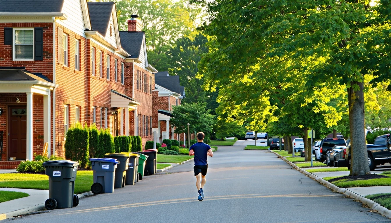 A jogger runs down a tree-lined residential street of red-brick homes in Gaithersburg, MD. Trash bins await pickup by the curb.