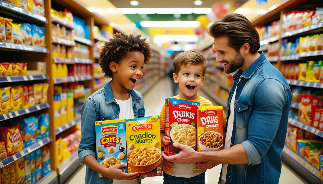 A family of three standing in a grocery store aisle, looking at cereal boxes on the shelves.