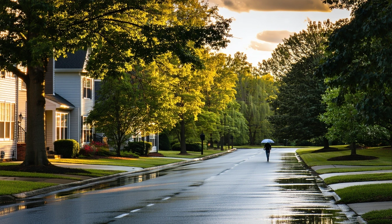 Tree-lined suburban street in Gaithersburg, Maryland after a rain shower, with wet asphalt, palm tree reflections in puddles, and a pedestrian in the distance.