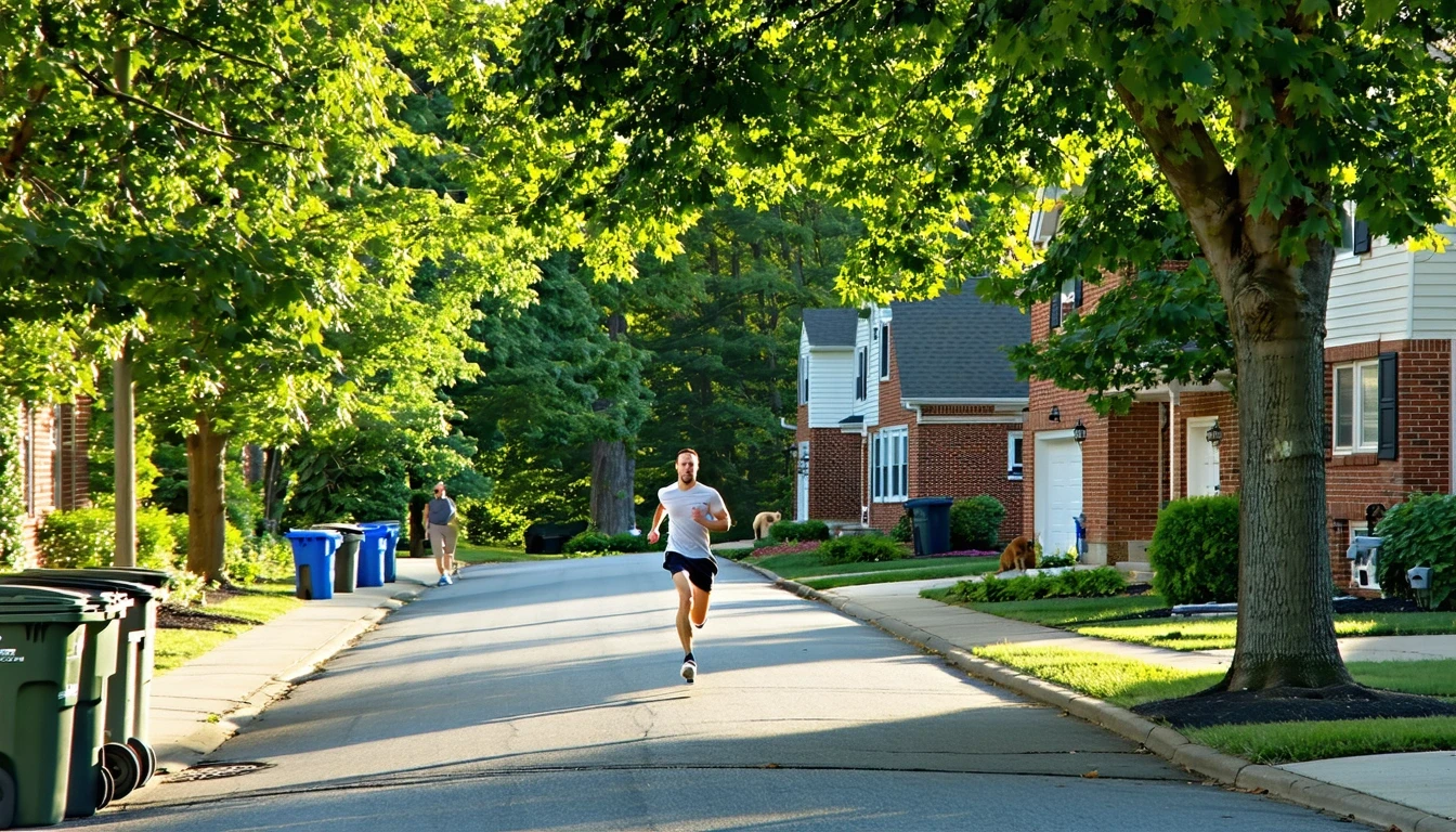 A jogger runs down a quiet suburban street lined with red-brick homes and recycling bins on a summer morning in Gaithersburg, Maryland.
