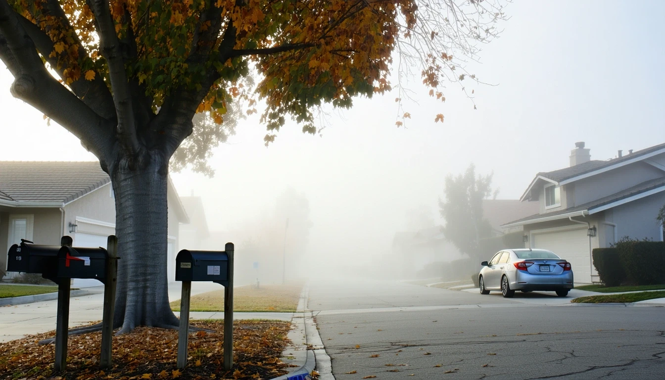 Foggy morning street in Garden Grove with mailboxes and parked sedan under a maple tree