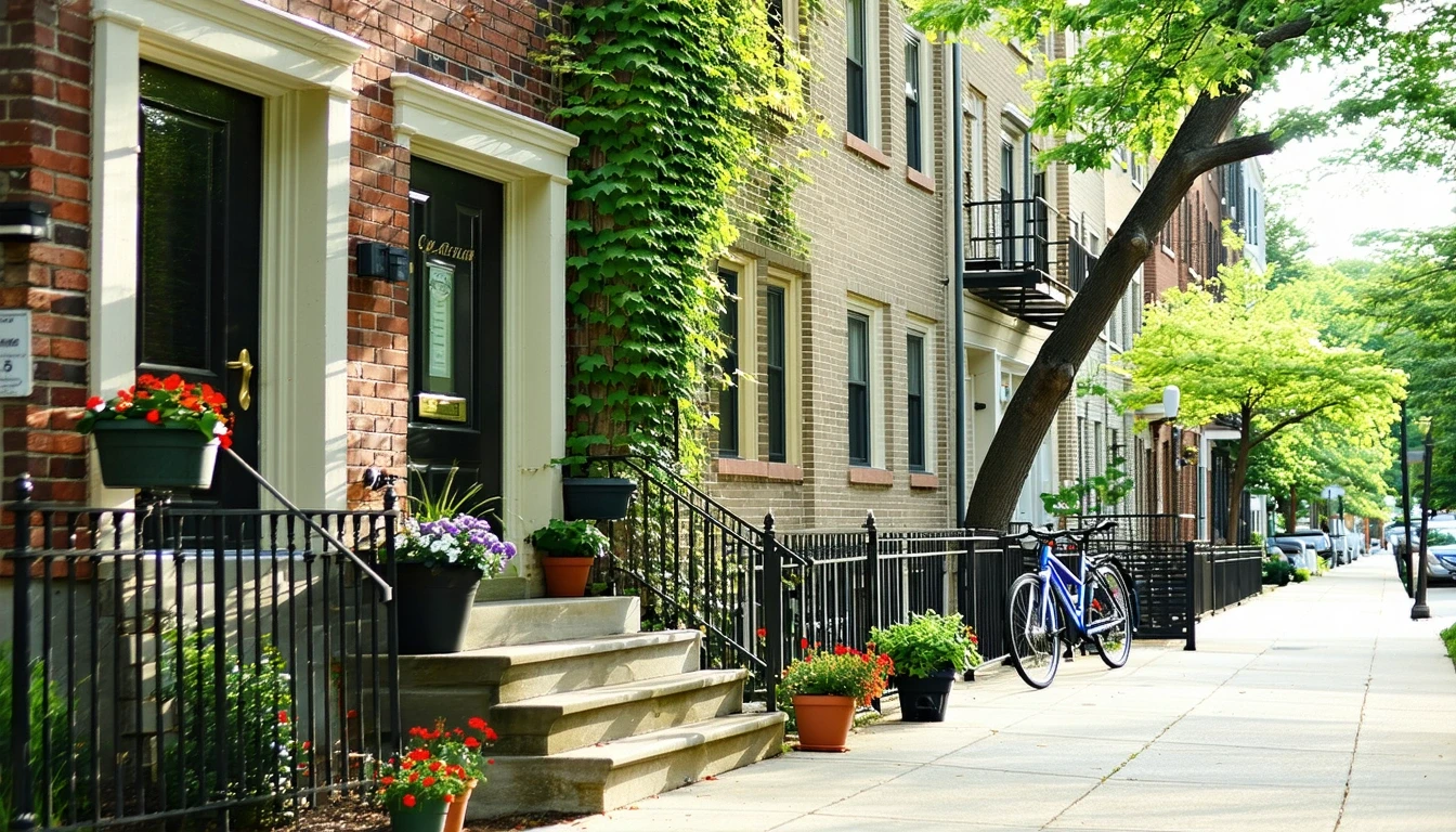 An apartment row in Rockville, Maryland on a sunny day, with potted plants by the entryways and bicycles resting against the railing.