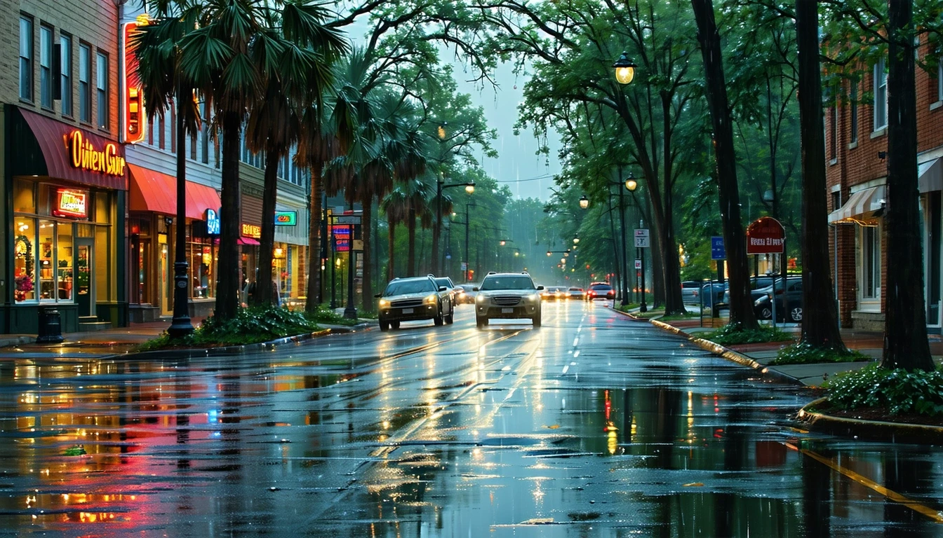 A broad avenue in Gaithersburg just after a rain shower, with wet asphalt, palm trees, and colorful storefronts reflected in puddles.