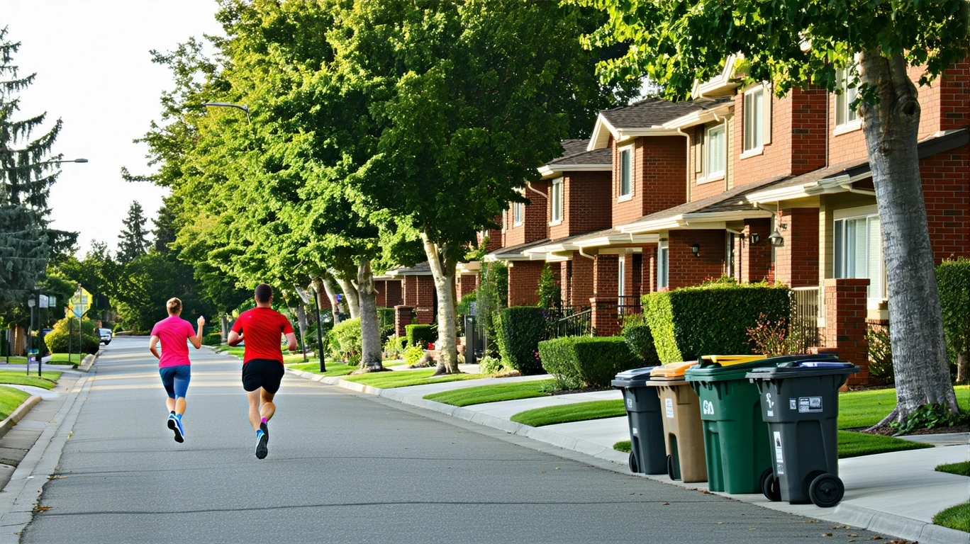 A peaceful morning street scene in San Jose, California with red-brick homes, recycling bins on the curb, and a jogger passing by.