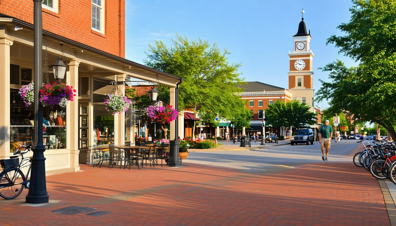 The quaint historic downtown district of Liberty, Missouri with locals walking past small shops and cafes on a sunny morning.