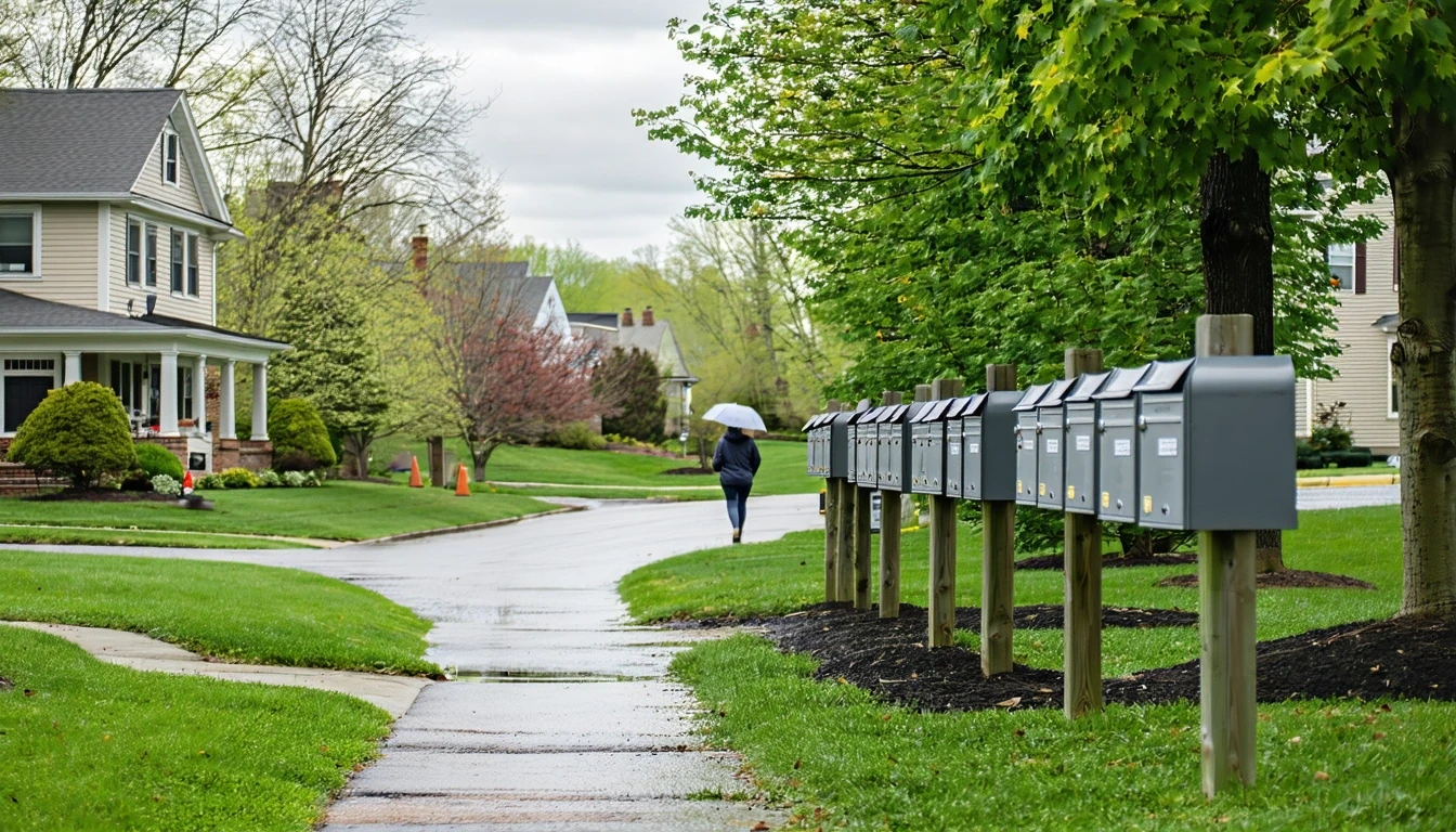 A curved sidewalk with mailboxes and wet pavement in a West Hartford neighborhood.