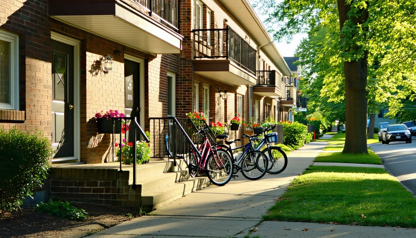 Apartment building in Manchester, Connecticut with bicycles resting on small porches and potted plants, tree-lined street.