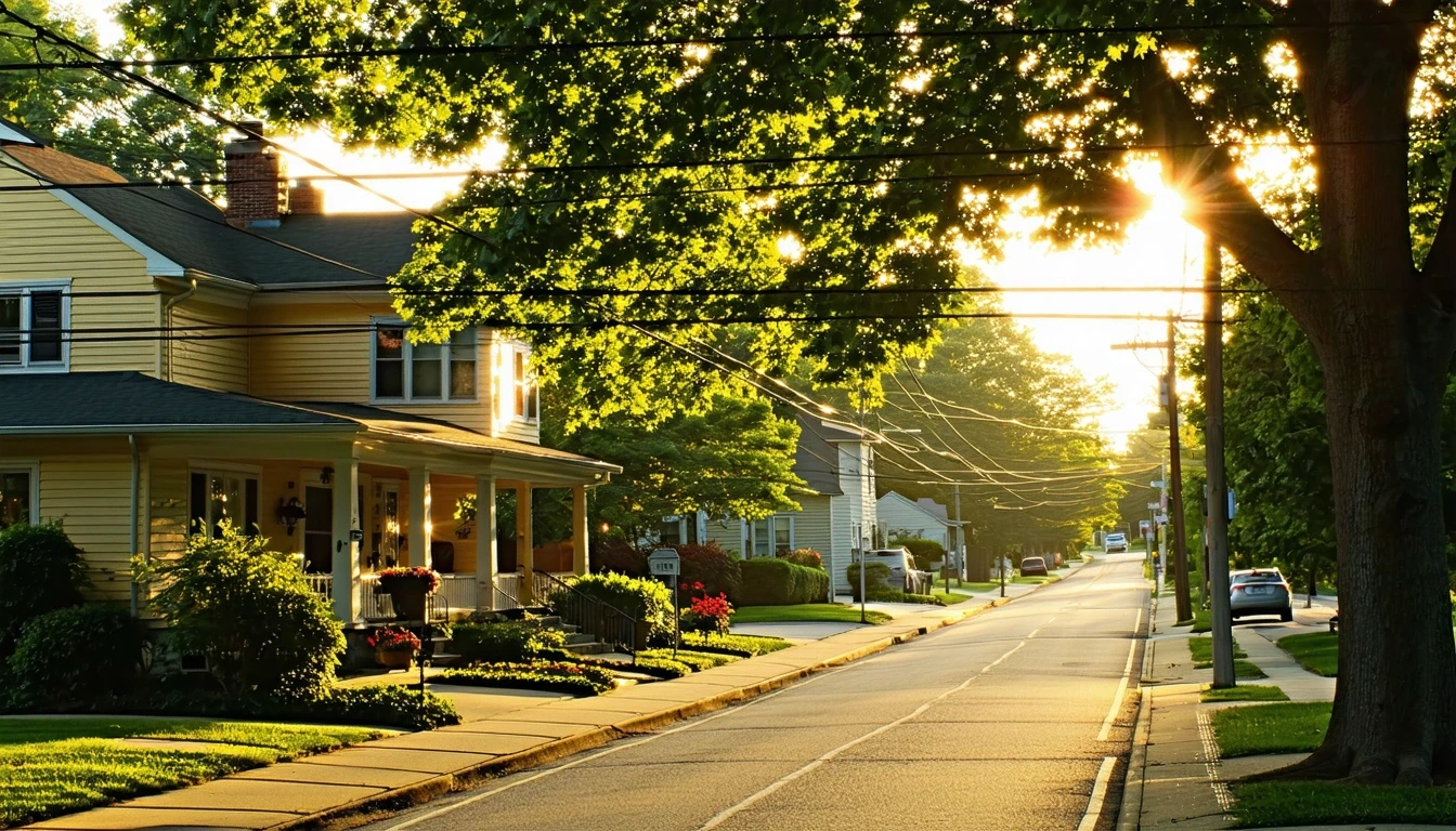 Sunlight filters through maple trees over a suburban street in Cherry Hill, NJ, with telephone wires, split-level homes, and sidewalks.