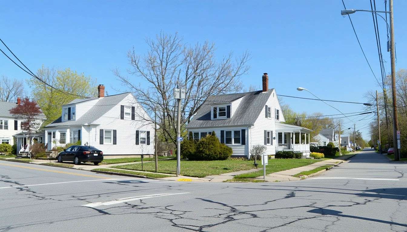 A residential street corner in Deptford Township, New Jersey with older single-story homes, patchy lawns, and a parked car.