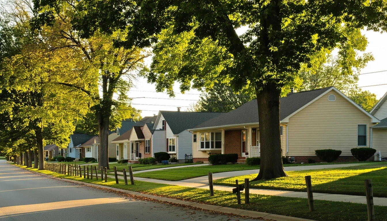 A peaceful residential street in Belton, Missouri with one-story homes, leafy trees, and long morning shadows.