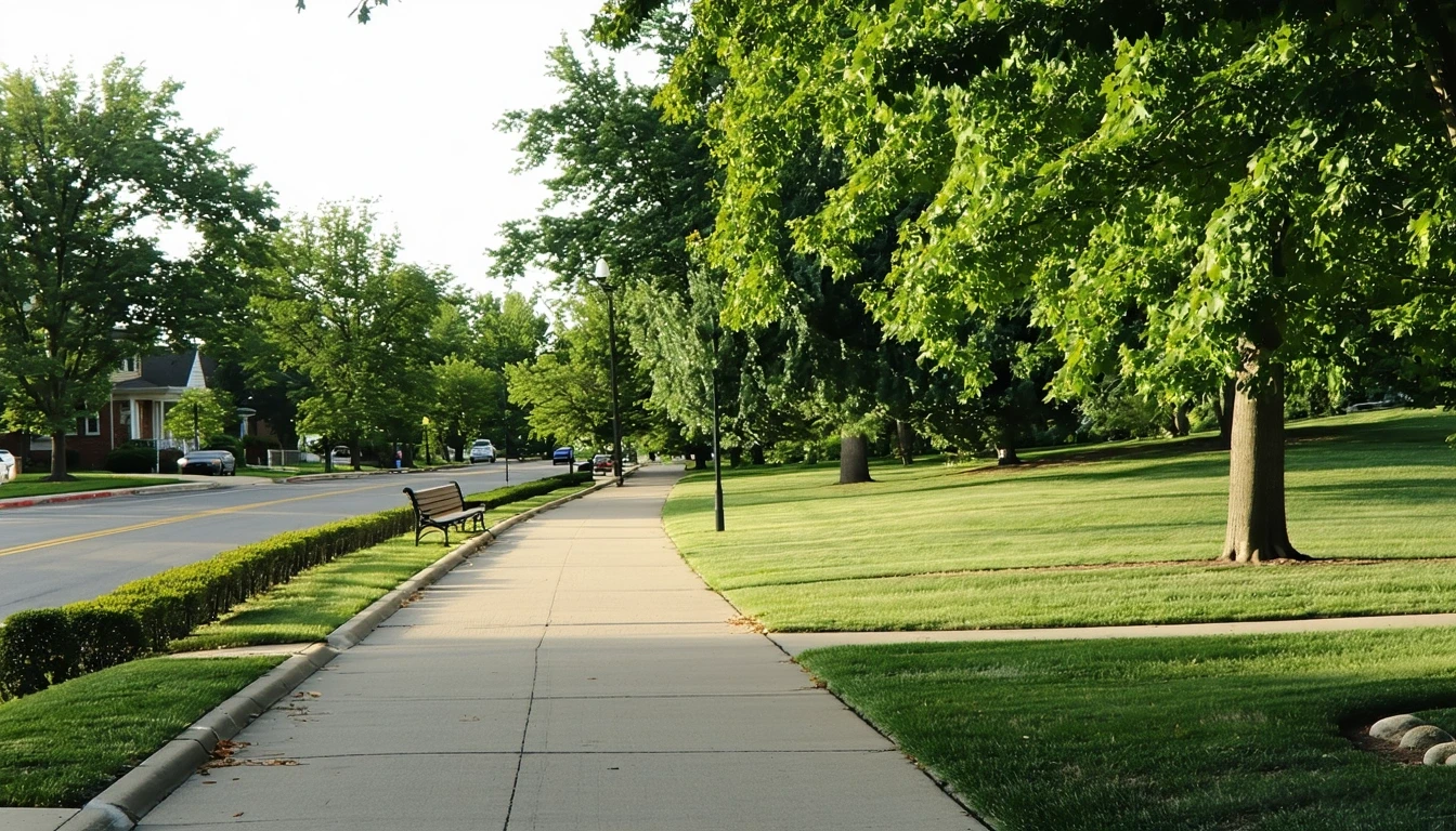 Neighborhood park in Saint Louis viewed across street with bench, walking path, and mature trees