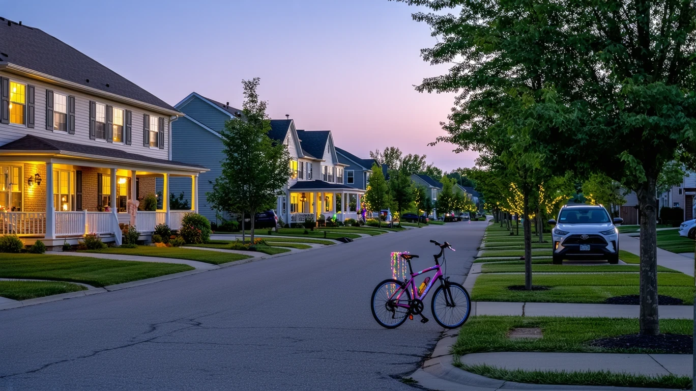 A cul-de-sac in Lawrence, Indiana at dusk, with two-story homes, porch lights turning on, and a child's bicycle lying on the curb.