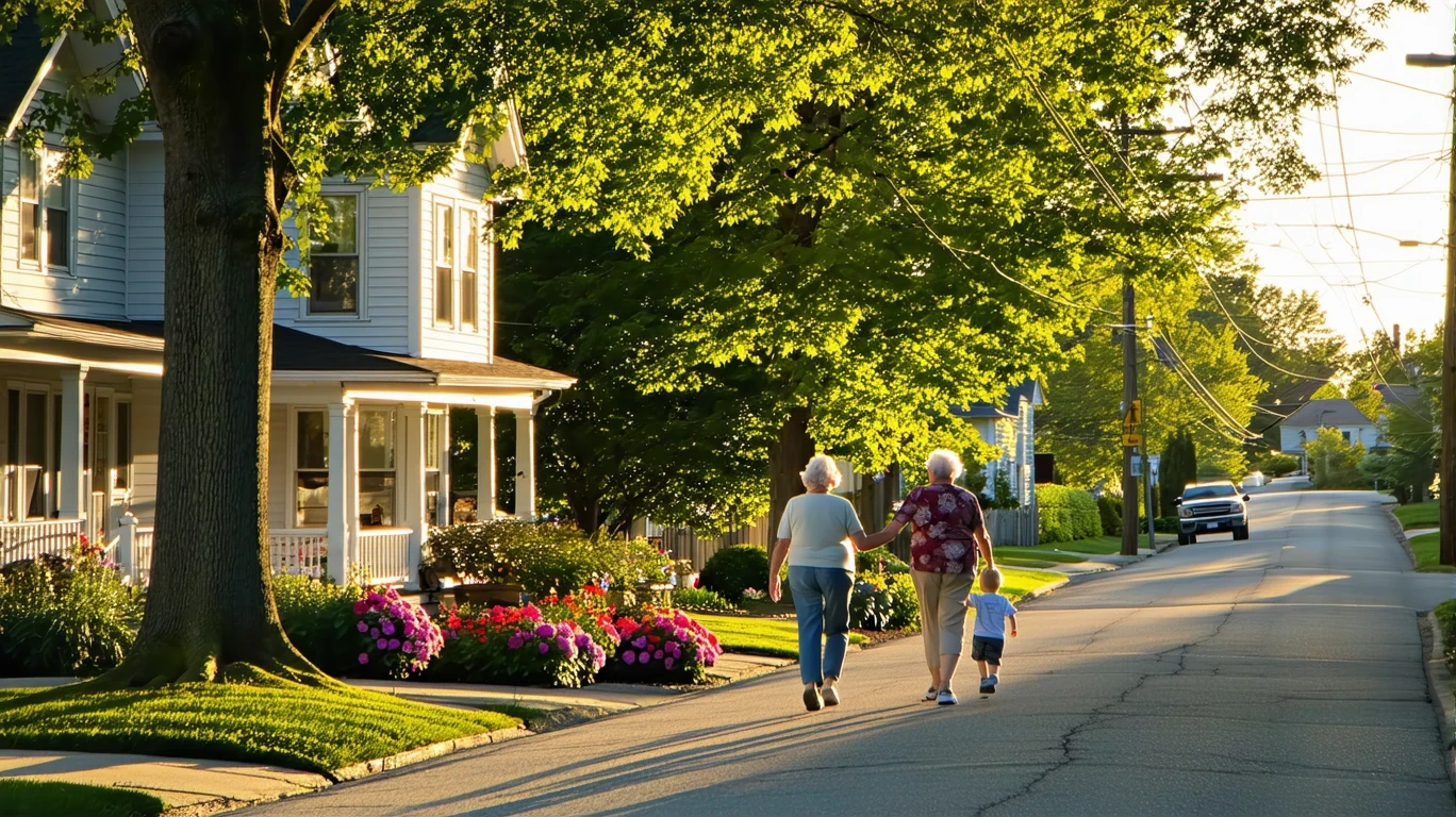 Sunlight shines through maple trees onto a residential Indianapolis street, where an elderly couple walks and a family unloads groceries by their porch.