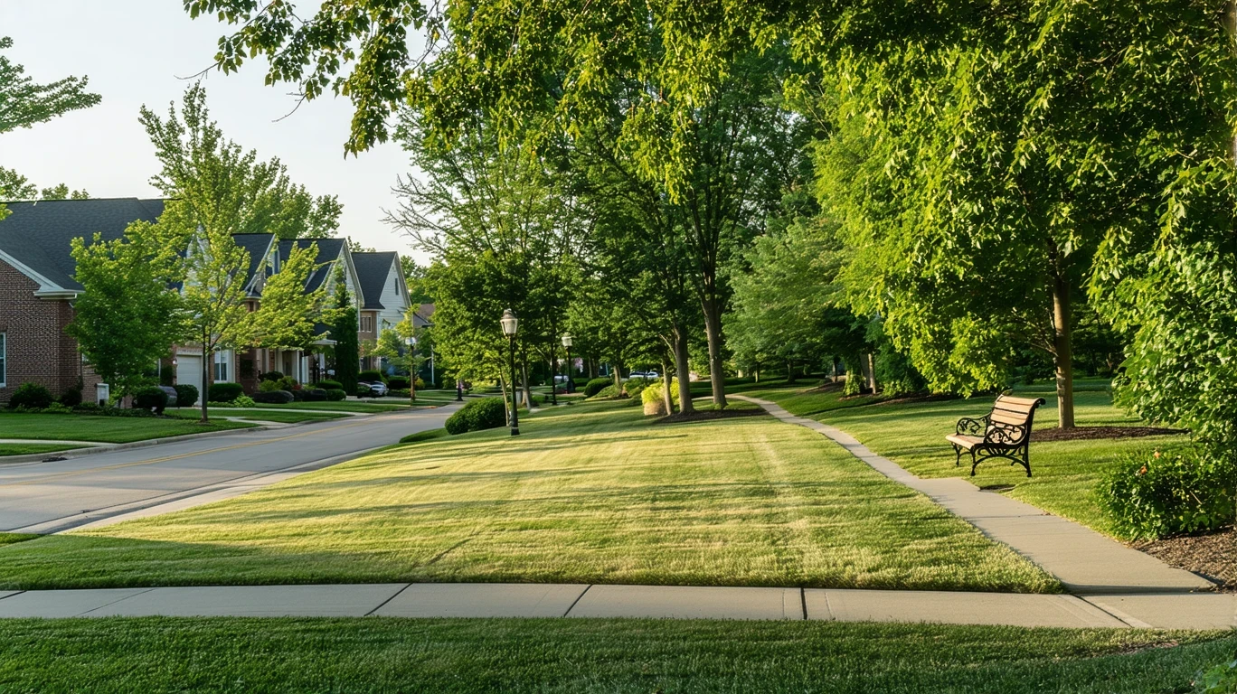 A grassy neighborhood park in Columbus, Ohio with trees, hedges, a walking path, and a bench.