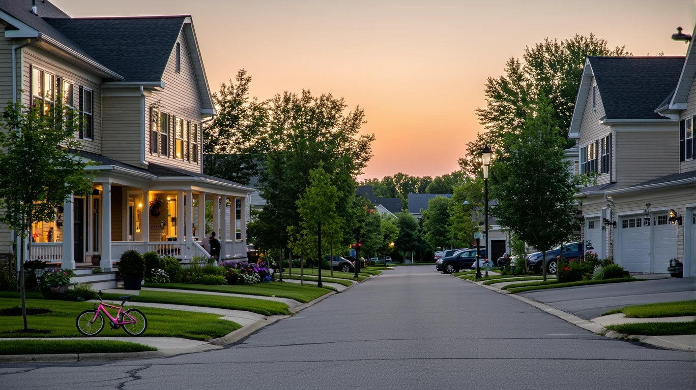 A quiet cul-de-sac at dusk with a child's bicycle on the curb and porch lights turning on.