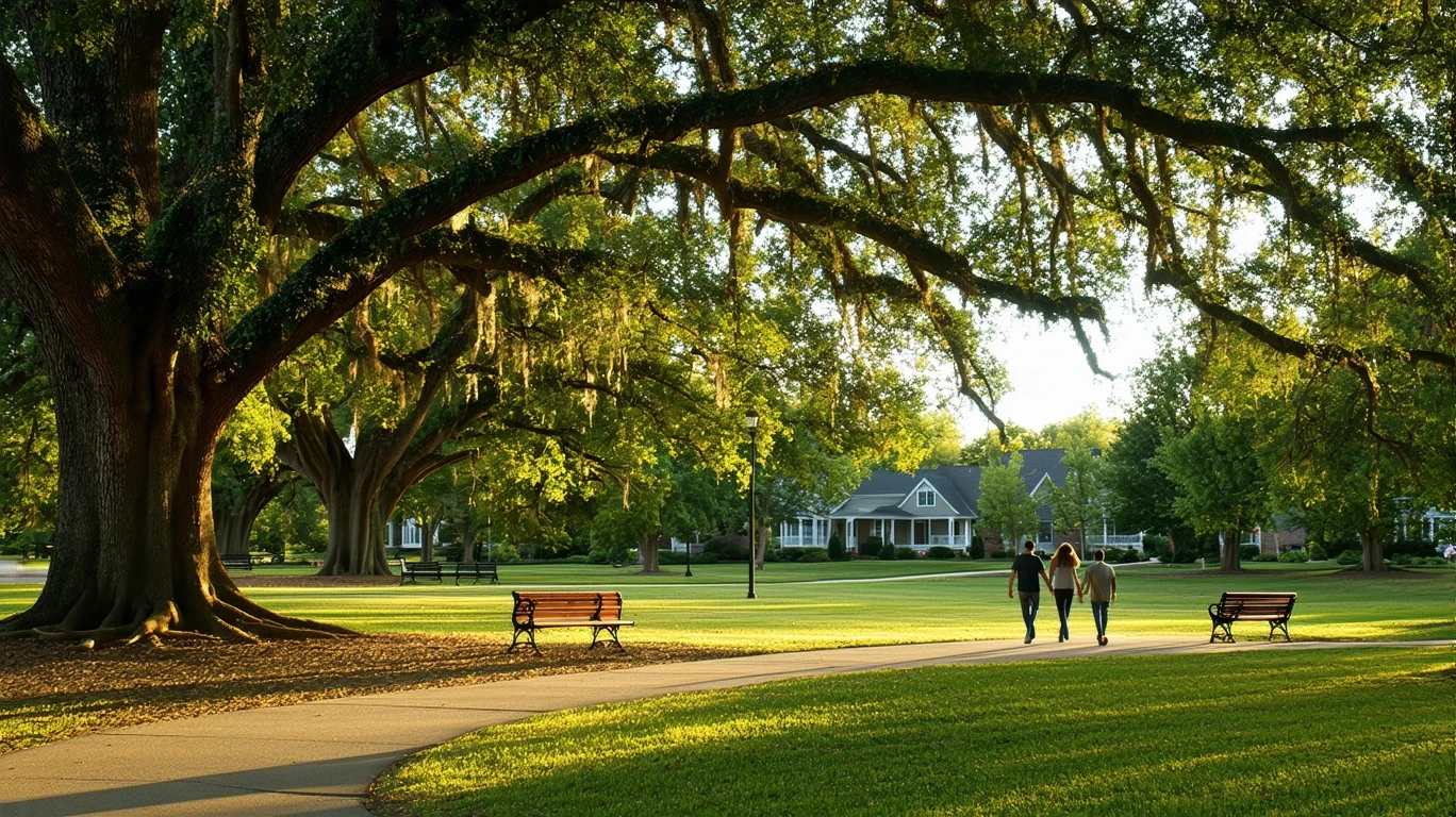 A couple walks through a park in Mason, Ohio, with oak trees, benches, and golden-hour light stretched across a well-kept lawn.