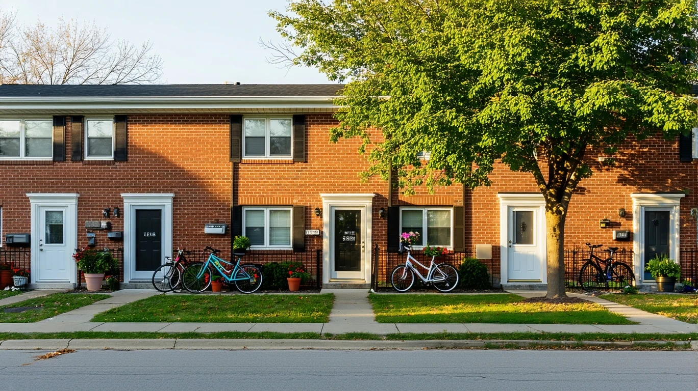 Apartment building in West Chester, Ohio with bicycles, potted plants by the shaded entrance and landscaped greenery.