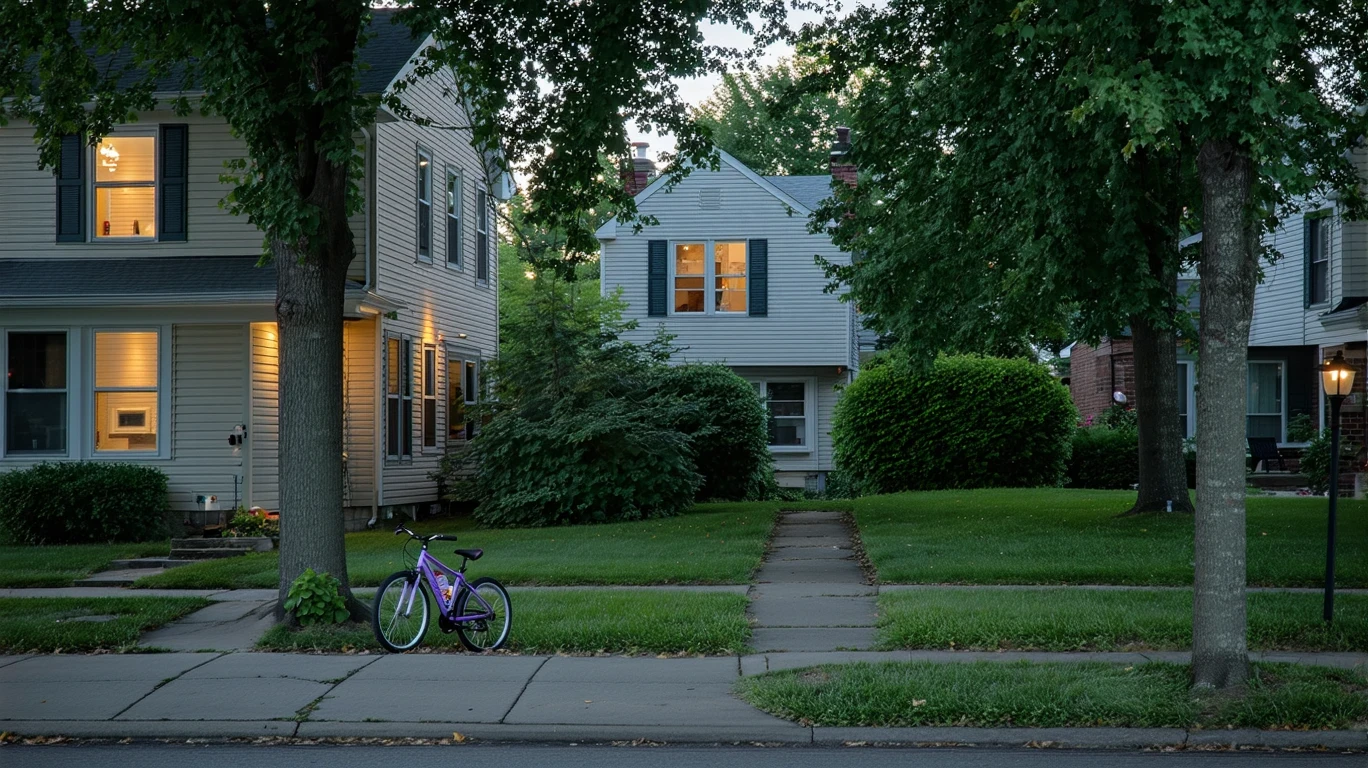 A cul-de-sac in a Cincinnati suburb at dusk, with porch lights turning on and a child's bicycle near the curb.