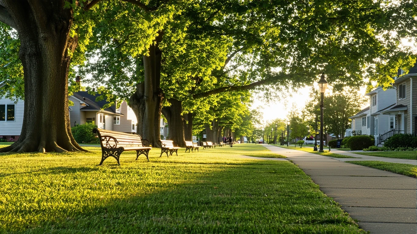 Park with benches and oak trees in Fairfield, Ohio at golden hour, walking path and houses visible in background.