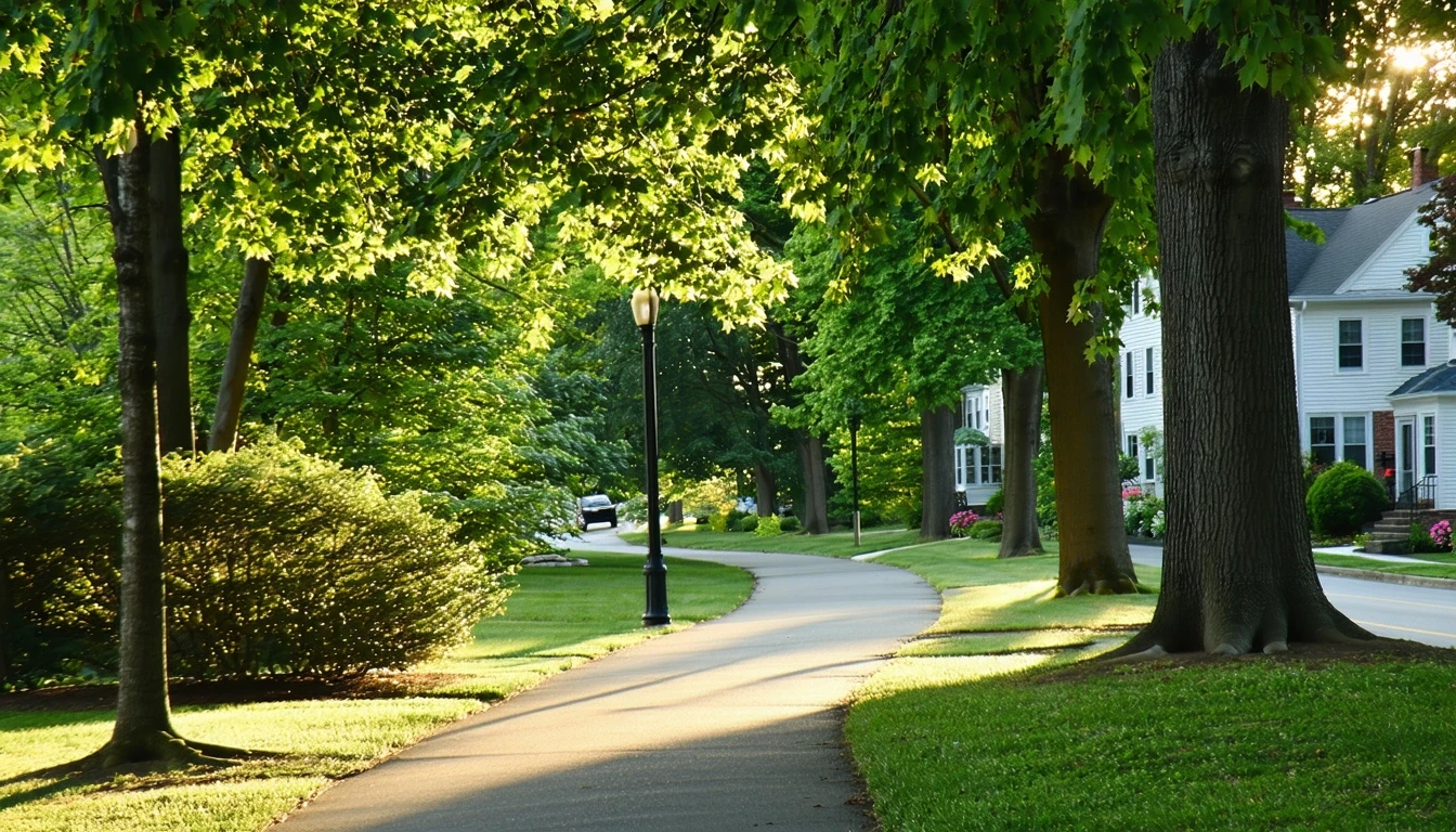 A view of a tree-lined sidewalk in a West Hartford, CT neighborhood with houses visible through the leaves.