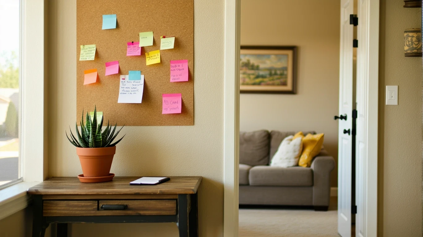 A hallway office nook with a corkboard pinned with utility bills and notes.