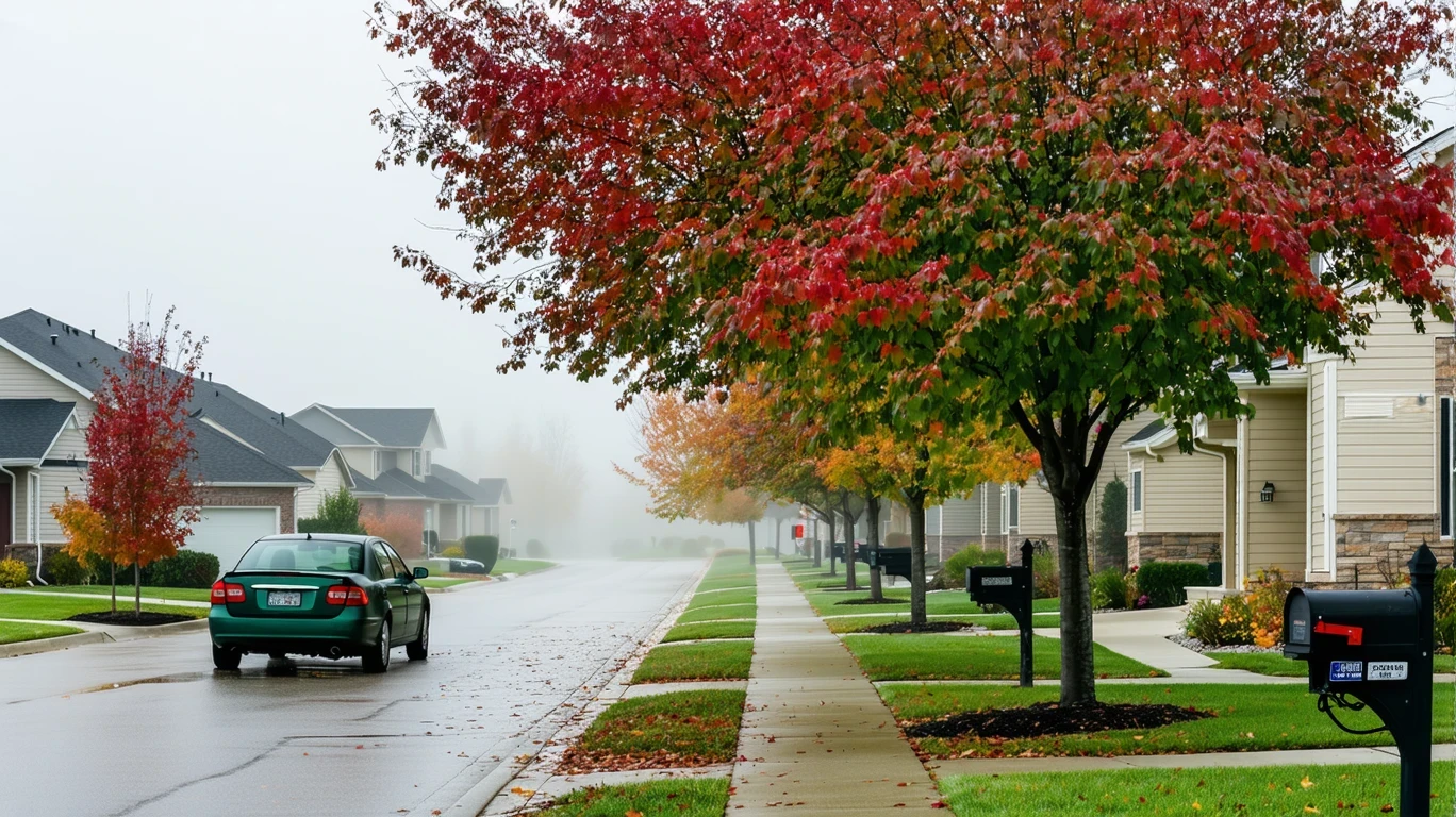 A foggy morning street in an older neighborhood with houses, mailboxes, and a maple tree over a parked car.