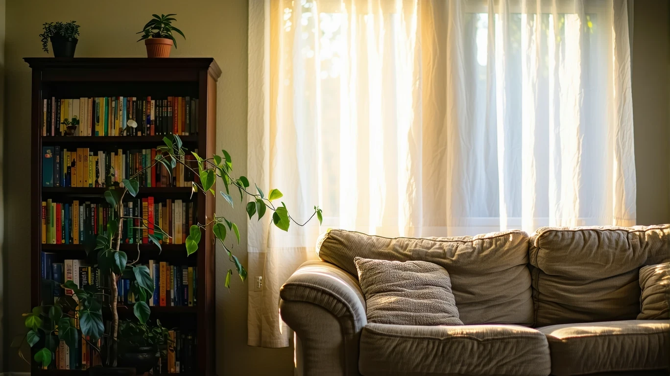 Sunlit living room interior with a couch, bookshelf, and houseplant in Taylorsville, Utah.