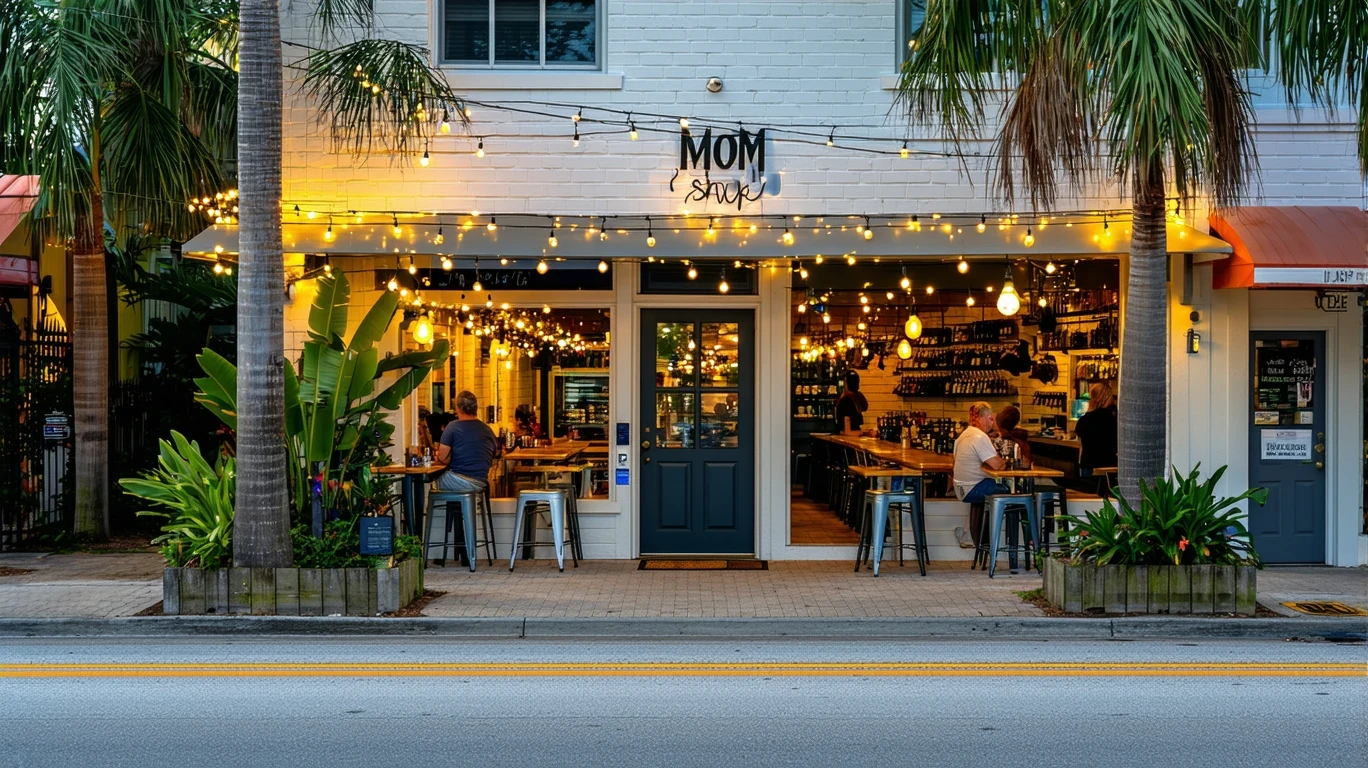A charming strip of local shops and cafes along a Fort Lauderdale street at dusk, with string lights and quiet patio seating.