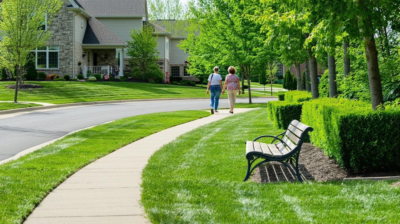 A well-maintained neighborhood park in Dublin, Ohio with trimmed hedges, a bench, and a path, framed by upscale homes with manicured lawns.