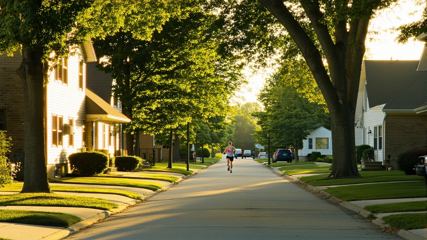 Quiet residential street in Hilliard, Ohio with one-story homes and leafy trees in morning light.