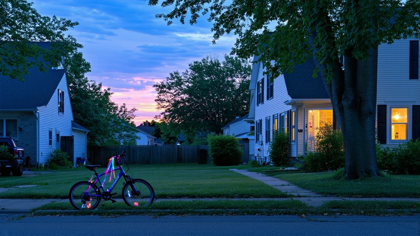 A cul-de-sac in Grove City, Ohio at dusk with porch lights turning on and a child's bike lying near the curb.