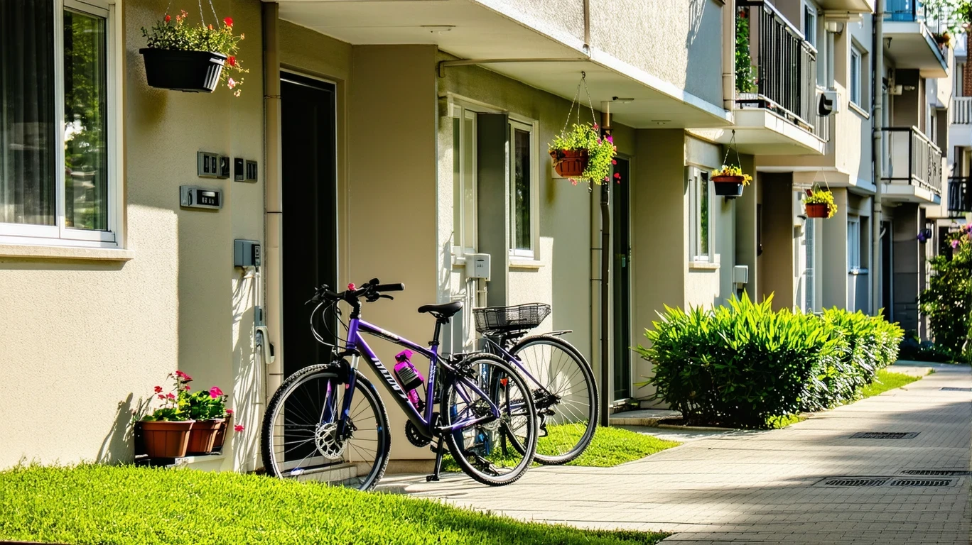 A well-kept apartment building with potted plants by the doors and two bicycles leaning against the railing in soft afternoon light.