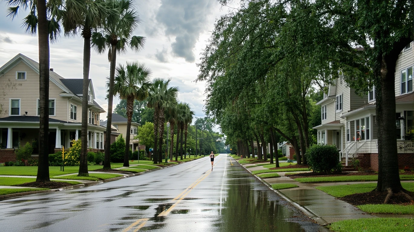 A palm tree-lined neighborhood street in Louisville, Kentucky with wet asphalt and puddles after a rain shower.